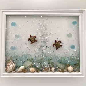 Coastal Ocean Turtles Framed Resin Picture 15” X 12” Handmade